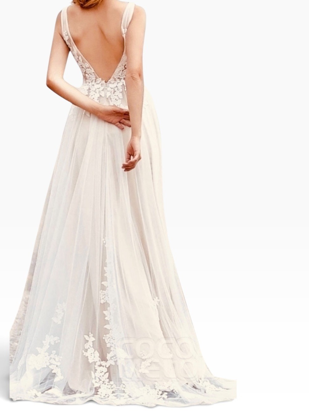 COCOMELODY David's Bridal IVORY A-Line Backless Sweep Brush Train Wedding Dress